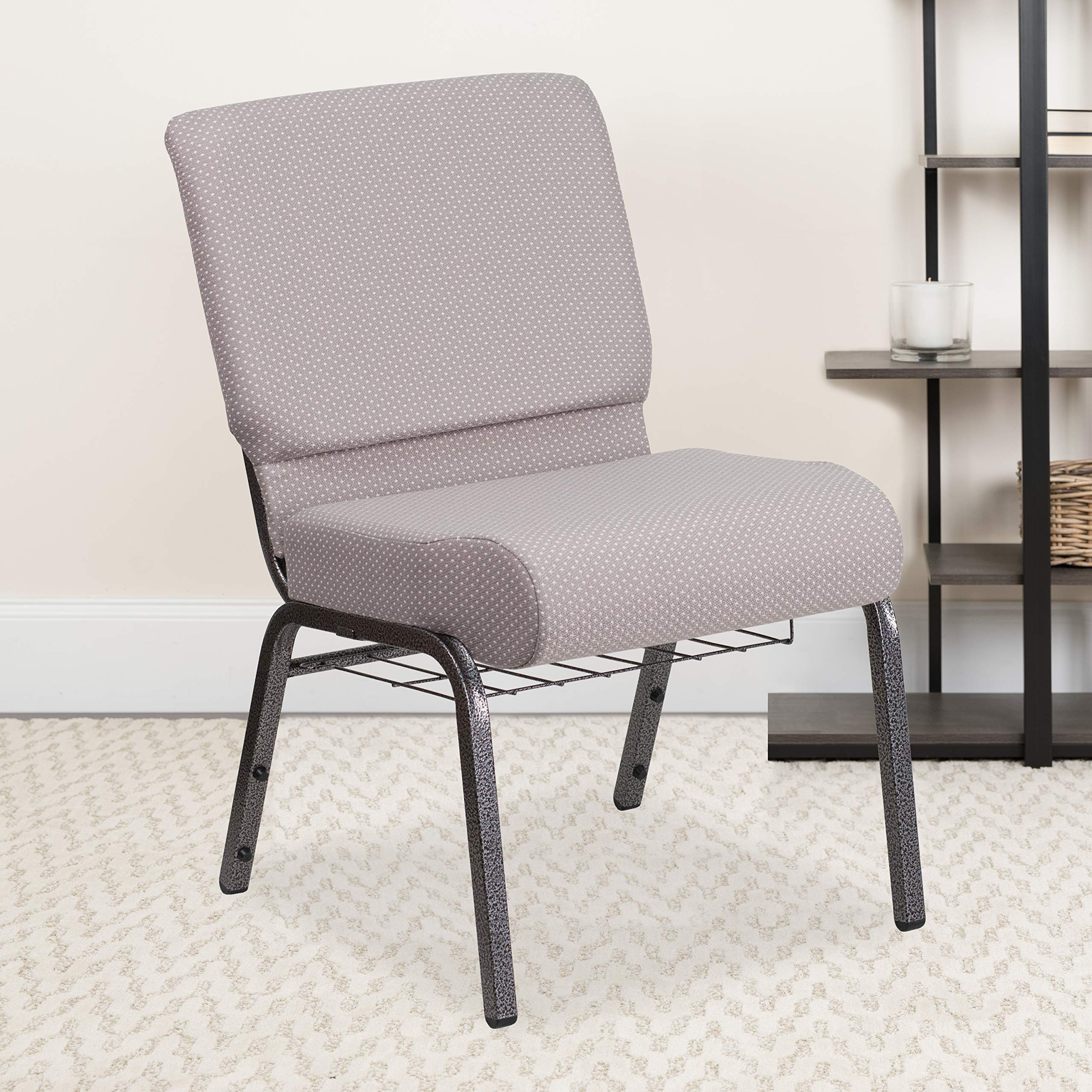 Flash Furniture Hercules Series 21''W Church Chair In Gray Dot Fabric With Book Rack - Silver Vein Frame